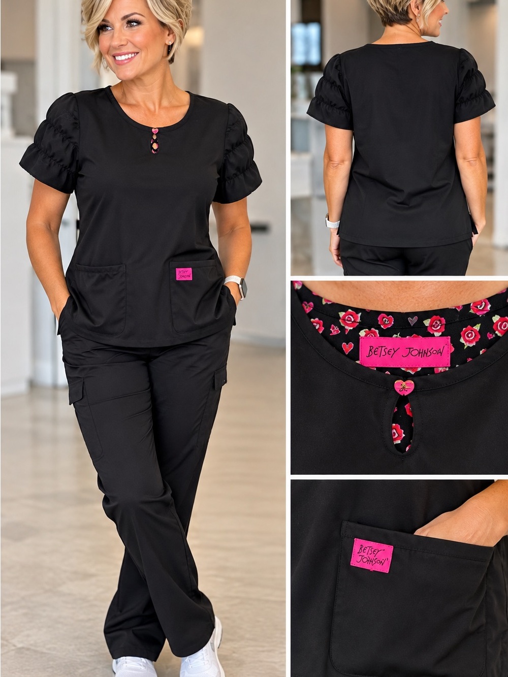 Betsey Johnson Black Scrub Top with Pink Floral Trim